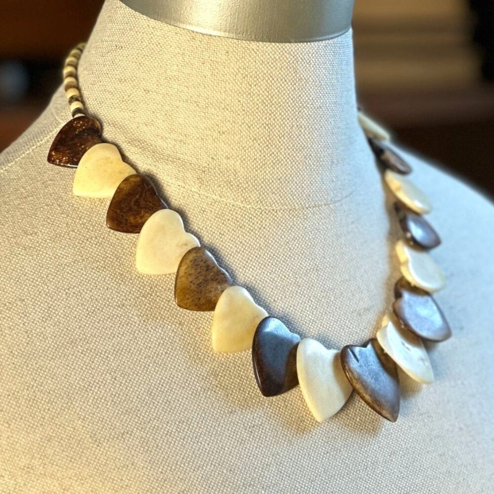 Vintage Horn Statement Necklace, Graduated Brown & Cream Panels, African Tribal - Picture 8 of 9